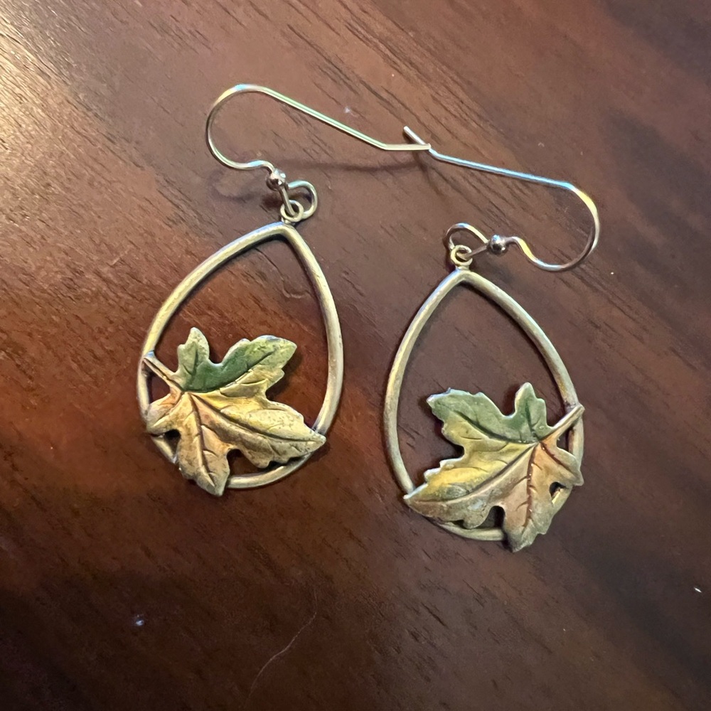 Silver Forest Green and Gold Leaf Teardrop Earrings